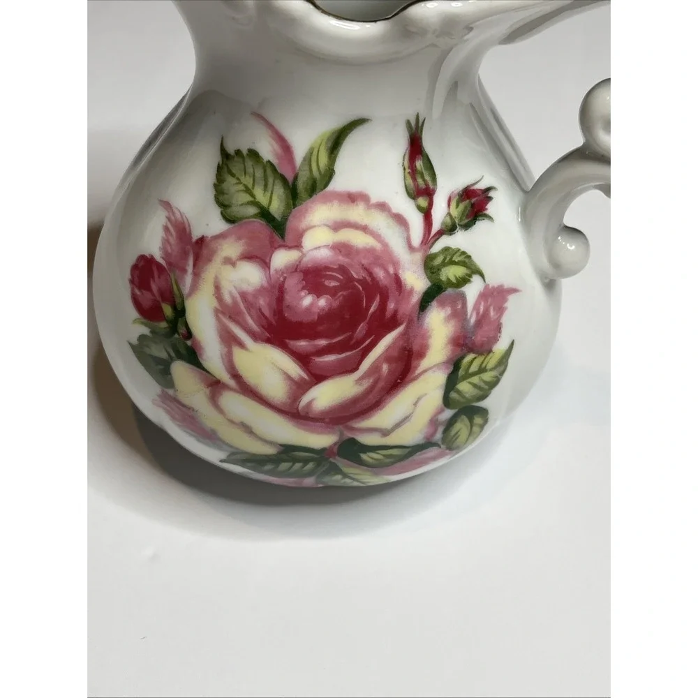 Vintage Fine Porcelain Pitcher/Vase With Pink & Yellow Rose Made In Japan